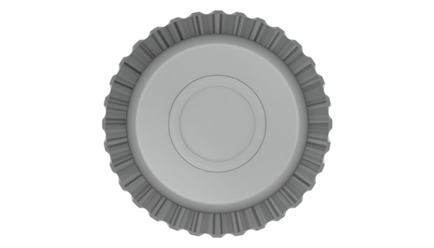 Metallic bottle cap. Gray, round, fluted edges. Isolated on black background, centered. Seen from above, minimalist design