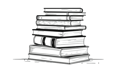 Stack of books illustration. White books against black background, line drawing aesthetic
