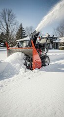 Snow Blower Clears Driveway in Winter Landscape