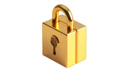 Gleaming gold padlock, depicted in isometric view, isolated on a solid black background. Minimalist security concept