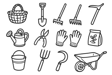 Watering bucket vector can wheelbarrow harvest farm tools icon shears gear bag