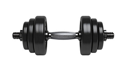 Naklejka premium A black adjustable dumbbell with weight plates, set against a solid black background in center focus