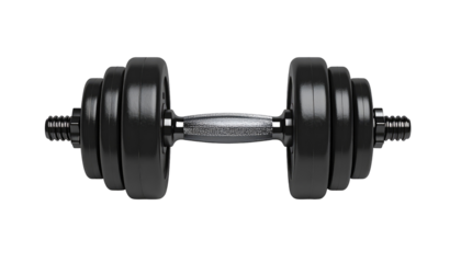 A black adjustable dumbbell with weight plates, set against a solid black background in center focus