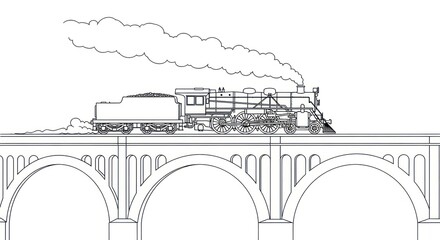 Vintage locomotive steam train crossing arched bridge monochrome illustration