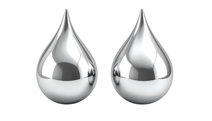 Twin shiny, metallic silver teardrop shapes displayed against a black background, reflecting surrounding light