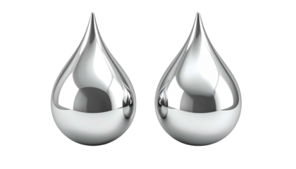 Twin shiny, metallic silver teardrop shapes displayed against a black background, reflecting surrounding light