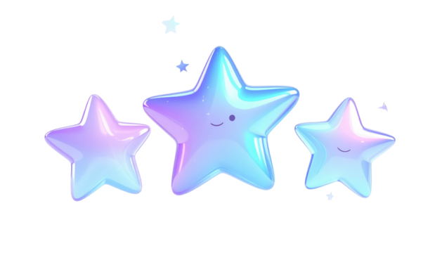 Three stylized, iridescent pastel stars float against a black background, two with small smiling faces