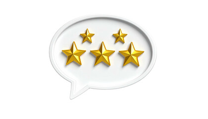 Five gold stars within a white speech bubble, against a black background. Shiny, glossy, and positive review