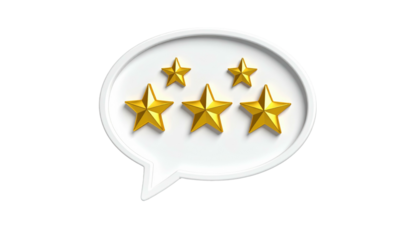 Five gold stars within a white speech bubble, against a black background. Shiny, glossy, and positive review