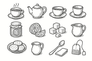 Obraz premium Vector tea napkin time honey cup biscuit jug icons cubes icon teaspoon