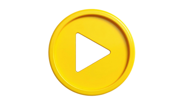 Glossy yellow play button graphic, centered on black. Triangle pointing right. Shiny, illustrative, and isolated for use