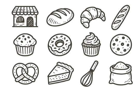 Vector rustic bakery slice whisk icon drawn hand croissant bag pie cookie