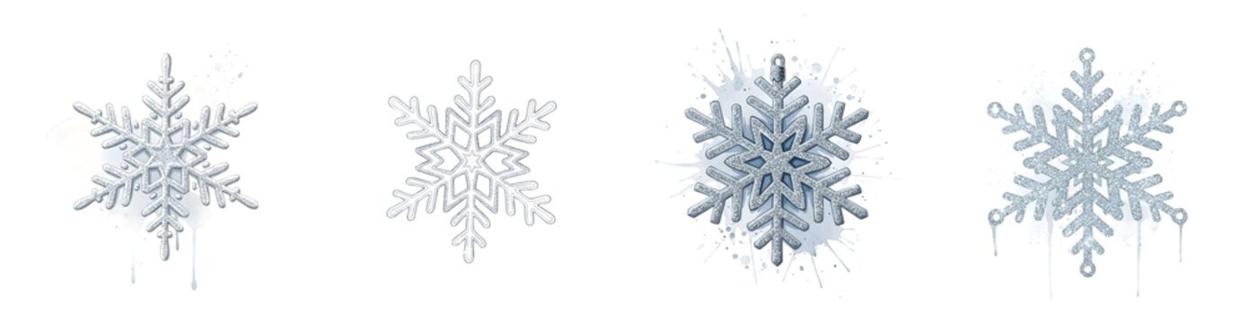 Four ornamental snowflakes with textured glitter and splatter effects isolate