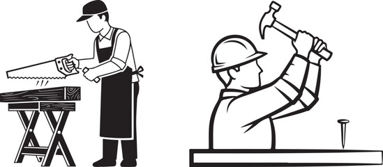 Black and White Vector Line Art Icons of Carpentry Work