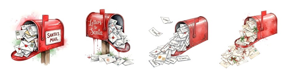 Red mailboxes overflowing with letters to Santa Claus watercolor style isolate