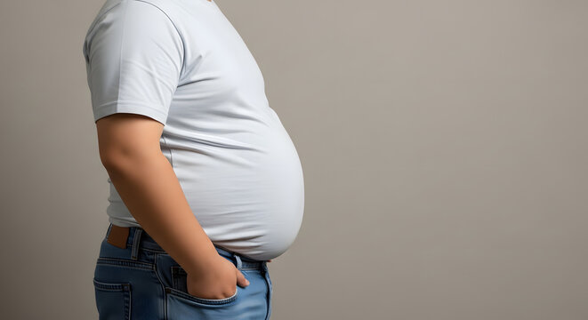 Side profile of overweight man in gray t-shirt and jeans, Obese male body shape against neutral beige background, Casual pose of man with large abdomen and hands in pockets, Studio shot focusing on bo