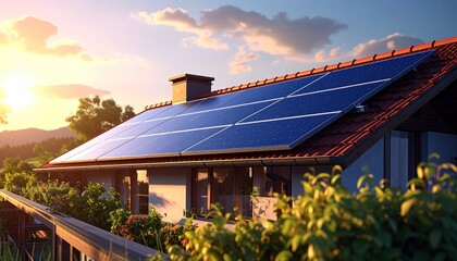 Solar Panels House Sunset.