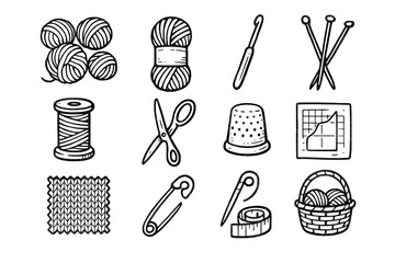 Icon yarn swatch vector needles knitting scissors icons hook thread tape tools