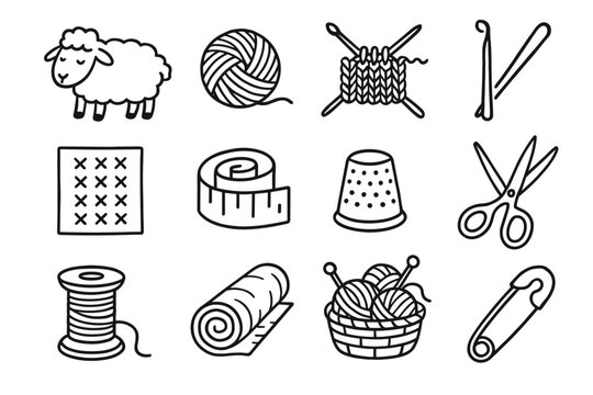 Vector icon spool sheet yarn basket crochet knitting fabric pin collection