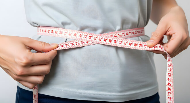 Close-up of person measuring waist with tape measure, Midsection measurement showing large waist circumference, Waist health and body size concept with measuring tape, Person checking waist size over 