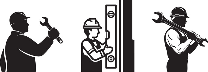 Black and White Vector Icons of Construction and Repair Workers with Tools