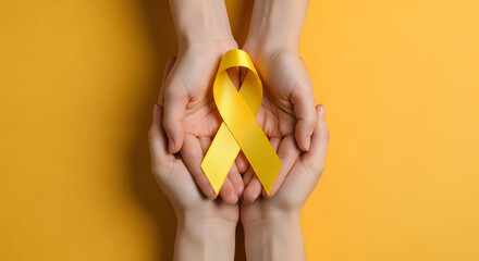 Two pairs of hands holding yellow awareness ribbon on yellow background, Symbolic support and solidarity with yellow ribbon, Studio shot emphasizing yellow ribbon for awareness cause, Hands offering a