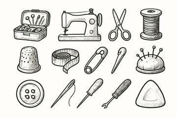 Thimble icon pincushion scissors needle sewing chalk tool pin machine thread icons