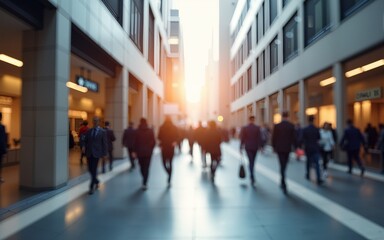 In a city's downtown setting, a corporate office is bustling with a blurred image of business professionals walking through, showcasing an atmosphere of business marketing. The finance center theme