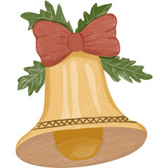 A beautiful illustration of a golden Christmas bell decorated with a red bow and green pine leaves.
