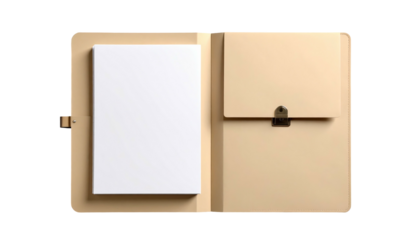 An open tan folio holds stacked white paper, secured by a metal clasp on the right side pocket, against black background