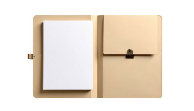 An open tan folio holds stacked white paper, secured by a metal clasp on the right side pocket, against black background