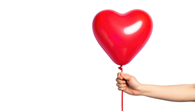 Arm holds a bright red, inflated heart-shaped balloon against a stark black background