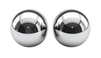 Pair of reflective metal spheres side-by-side isolated on black with bright highlights and subtle gradients