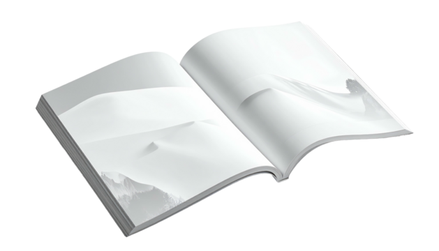 Open book with blank pages, landscape-like gray shapes on left, soft white flowing shape on right, on a white backdrop