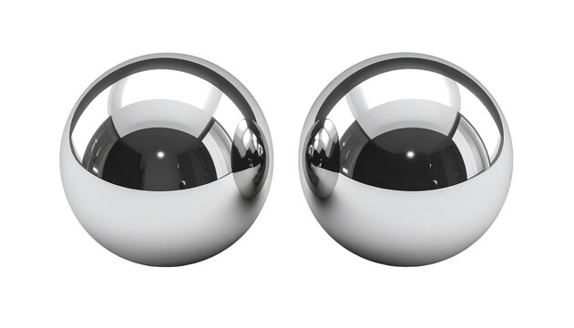 Pair of reflective metal spheres side-by-side isolated on black with bright highlights and subtle gradients