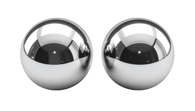 Pair of reflective metal spheres side-by-side isolated on black with bright highlights and subtle gradients