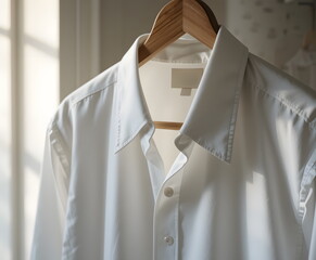 Clean white shirt hanging on a wooden hanger in soft natural light, minimalist lifestyle concept.