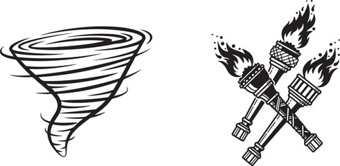 Fototapeta premium Simple Line Art Set: Stylized Tornado and Crossed Torches Icons