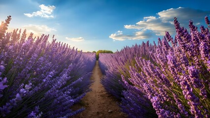 Obraz premium Beautiful lavender field with narrow path under bright blue sky, sunlight touching purple blooms, peaceful rural landscape, natural texture, realistic detail, perfect for nature and travel design.