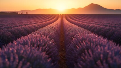 Breathtaking lavender field under golden sunset light, cinematic landscape with purple blooms, mountain view, warm colors, peaceful nature scene, ultra-realistic high-resolution photography.