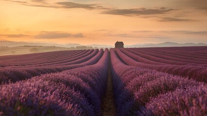 Breathtaking lavender field under golden sunset light, cinematic landscape with purple blooms, mountain view, warm colors, peaceful nature scene, ultra-realistic high-resolution photography.