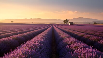 Breathtaking lavender field under golden sunset light, cinematic landscape with purple blooms, mountain view, warm colors, peaceful nature scene, ultra-realistic high-resolution photography.