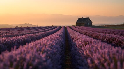 Breathtaking lavender field under golden sunset light, cinematic landscape with purple blooms, mountain view, warm colors, peaceful nature scene, ultra-realistic high-resolution photography.