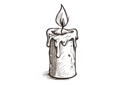 Burning candle drawing with melting wax creating light and shadow effect, transparent background