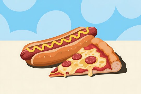 Stylized illustration of a hot dog with mustard and a slice of pepperoni pizza with melted cheese drawing