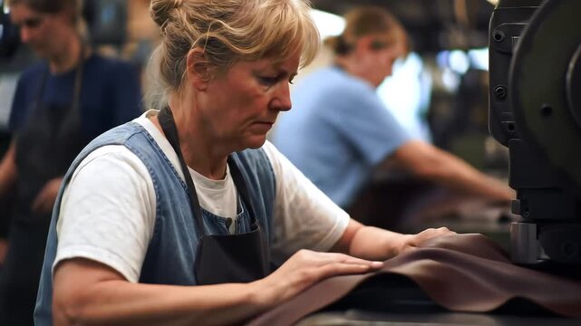 Focused female factory worker in an apron meticulously inspecting and handling materials on an assembly line in a busy manufacturing plant demonstrating precision and dedication in industrial product.
