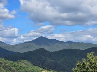 Green trees and leaves, forested mountains and rivers, cloudy sky, sunrise, sunset