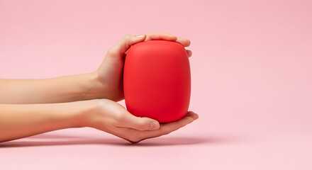 Hands holding red object against pastel pink background, Minimalist studio shot of vibrant red item in hands, Clean high-key image emphasizing care and love, Close-up of hands presenting red object on