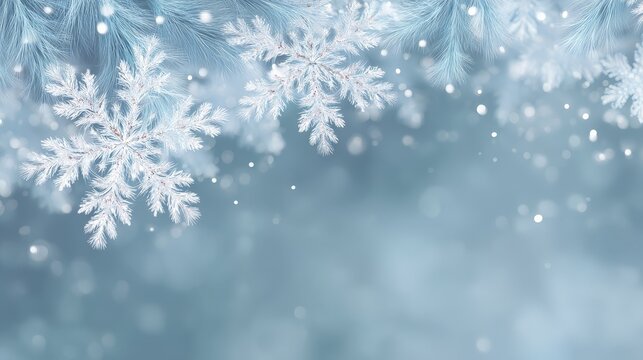 Stunning blue background with delicate white snowflakes falling winter wonderland holiday season desktop wallpaper and digital art.