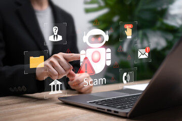 AI Cybersecurity, Financial Scam Detection Concept, Businesswoman Analyzing Fraudulent Activities, Online Scammer Identification,Data Protection,Phishing Email Alert,Internet Security,Financial Safety
